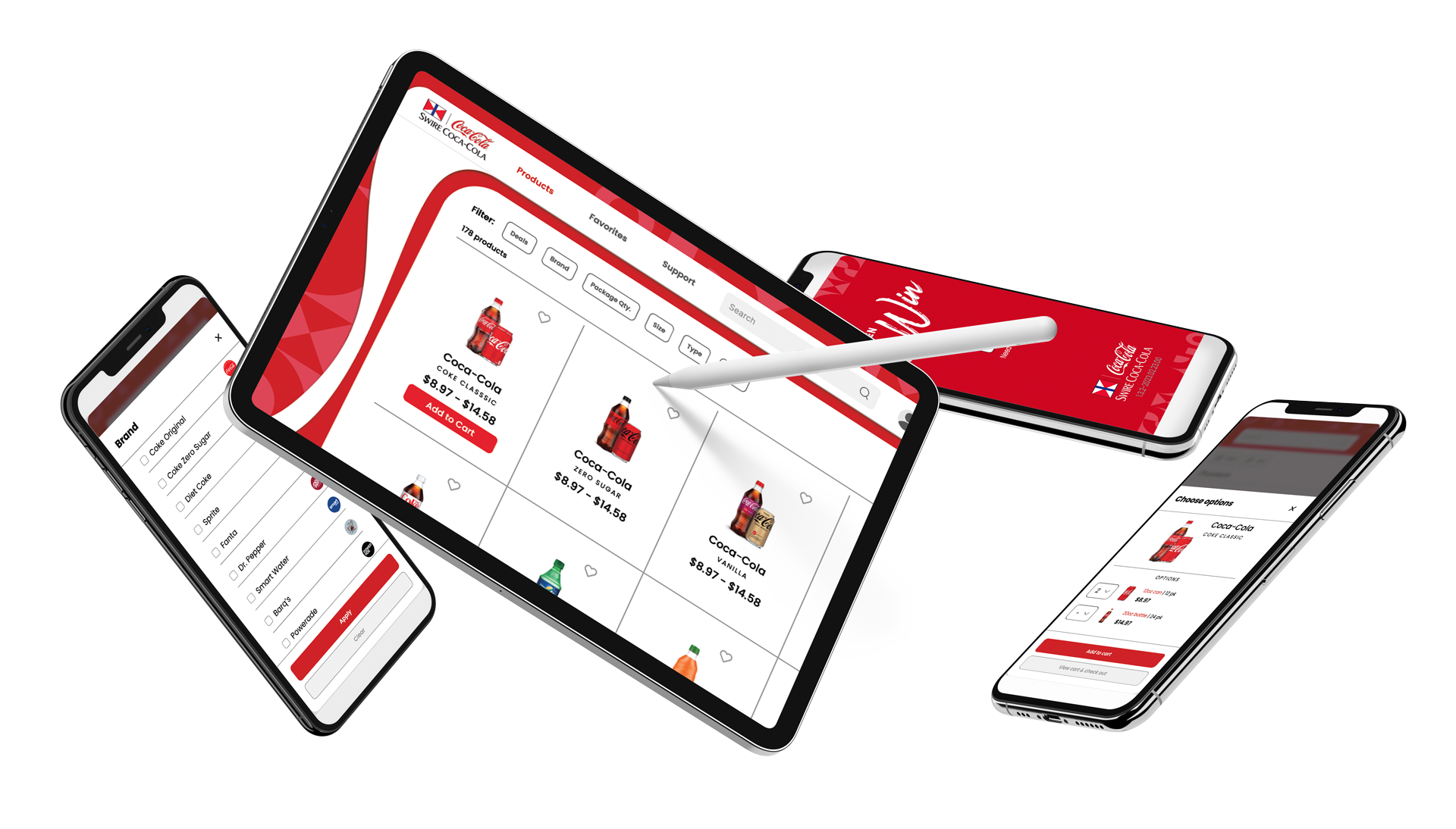 A digital mockup showcases a tablet and three smartphones featuring a custom shopping app interface. The screens display shopping bags with prices, highlighting the user experience. A stylus interacts with the tablet, all set against a clean white background.