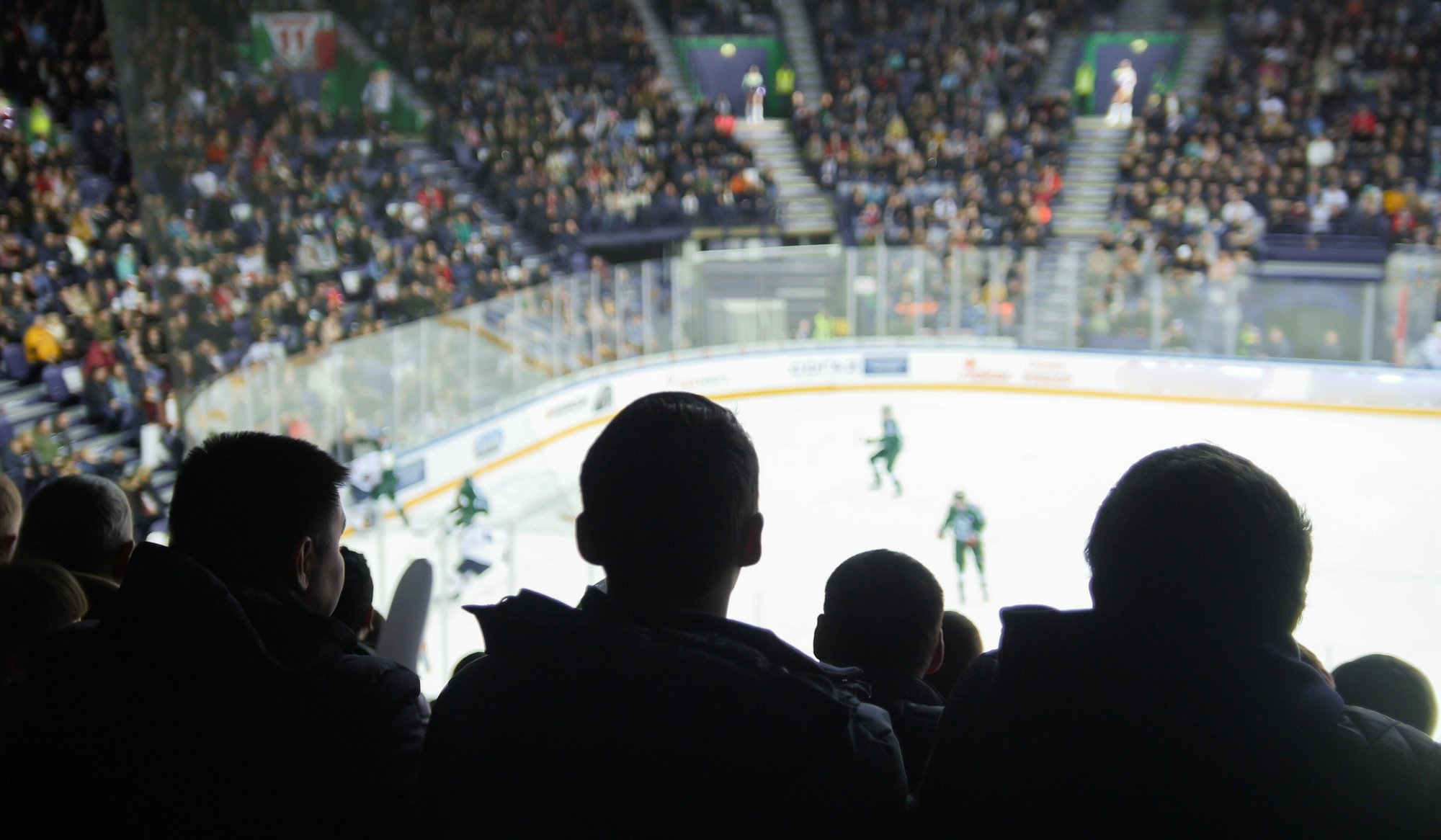 Silhouettes of spectators watching an ice hockey game in a crowded arena are captured in an innovative mobile application. The rink is brightly lit, with players in green uniforms on the ice. Rows of enthusiastic fans create a lively atmosphere in the background.