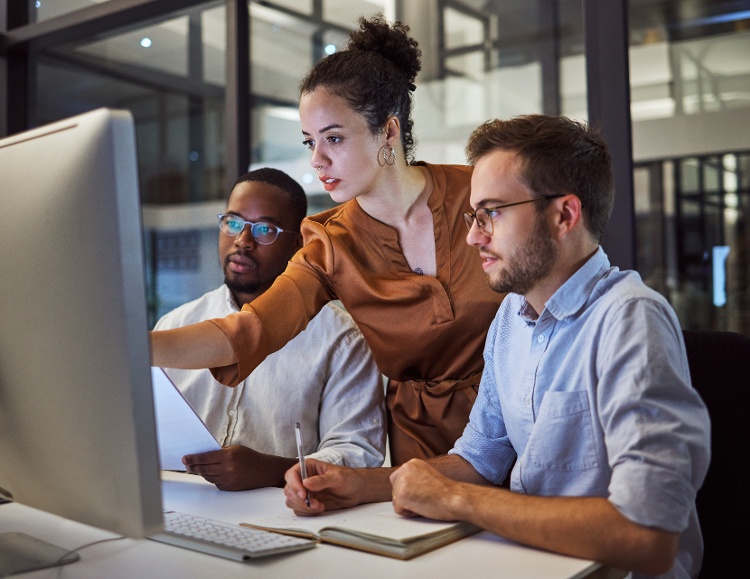 Three people at a desk collaborate with their technology partner while looking at the computer screen. One woman points at the monitor, while two men sit beside her, one holding a notebook. The setting appears to be an office with large windows in the background.