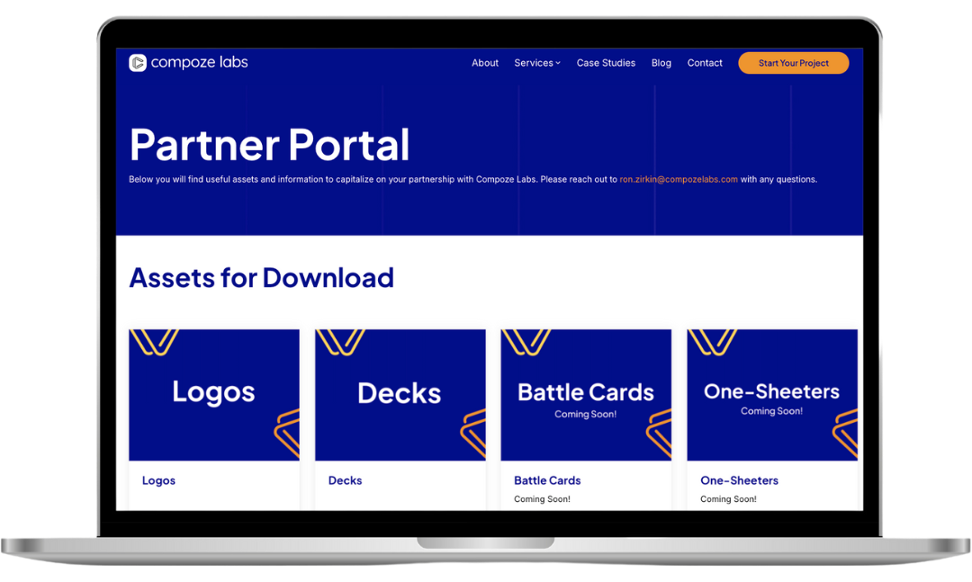 A laptop screen displays the Compoze Labs Partner Portal webpage, tailored for a technology partner. It includes a menu with options like 