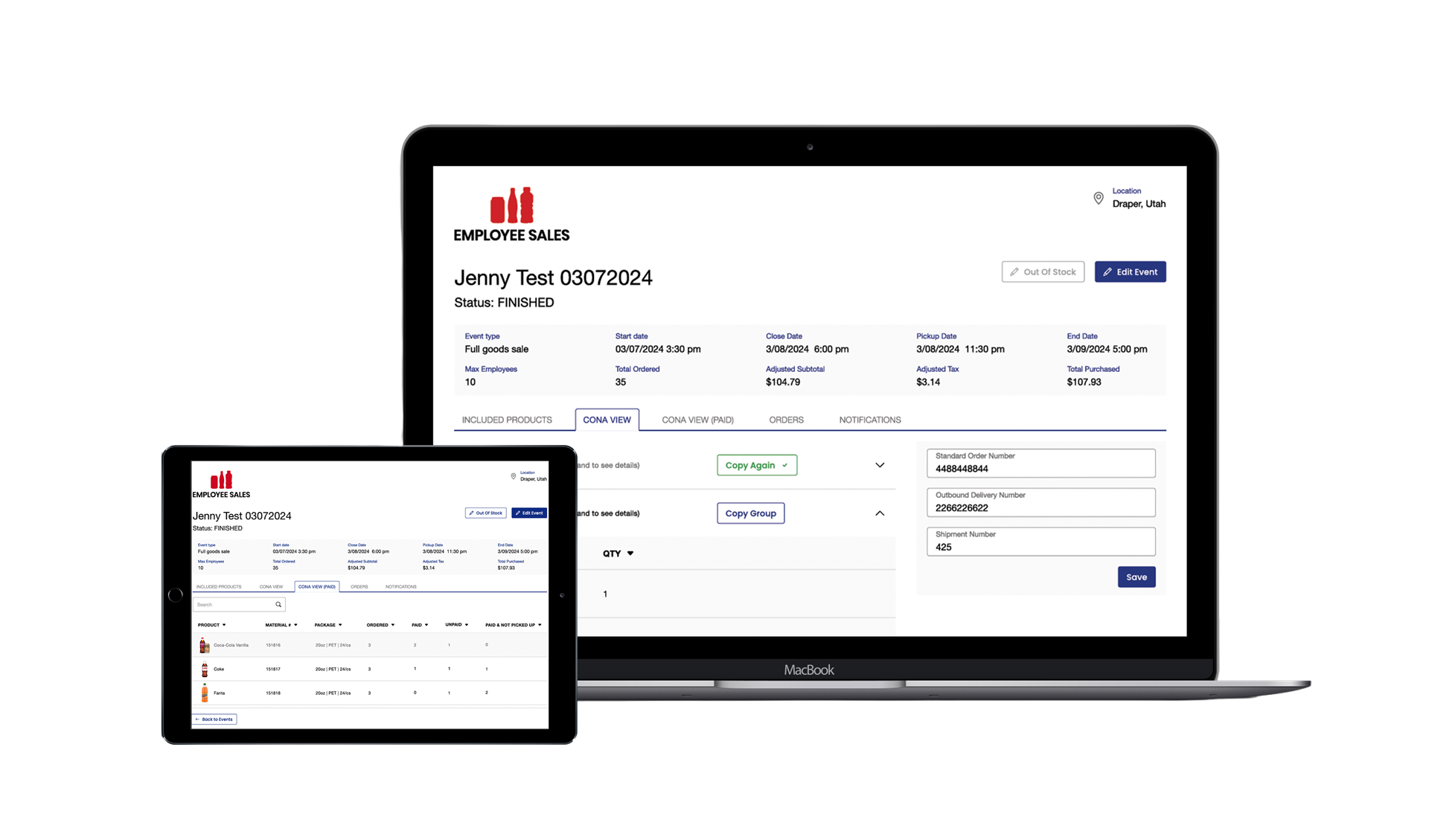 A laptop and tablet display a custom application development interface with a user named 