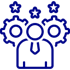 Icon depicting a person with a tie, surrounded by three gears, embodying the synergy of collaboration and teamwork. This image symbolizes the integration of human effort with mechanical systems, akin to an IT partner. The color scheme is a solid blue on a transparent background.