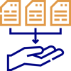 A graphic depicting three documents connected by lines to a hand below, symbolizing AI strategy consulting and document management. The documents and hand are stylized with orange and blue colors, integrating a touch of modern machine learning consulting aesthetics.