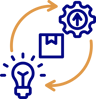 Icons depicting a cycle of innovation and production: a light bulb symbolizing ideas, a gear representing productivity, and a box indicating packaging or delivery. Arrows connect these elements, illustrating data architecture design as an integral part of the continuous process.