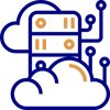 An illustration of a cloud computing concept showcases scalable app solutions, featuring a server depicted with abstract cloud shapes and circuit-like lines symbolizing connectivity and data processing. The image uses blue and orange colors to convey innovation and modernization.