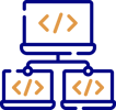 Illustration of three computer screens interconnected, each displaying a pair of angle brackets, symbolizing HTML or coding. The central screen, embodying data architecture design, is linked to the two below it, representing a network or hierarchical structure.