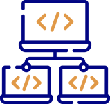 Icon of a diagram showing one central screen with code brackets, connecting to two smaller screens, representing custom software solutions through code distribution or sharing.