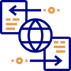 Icon illustrating globalization or data exchange. Features a globe centered between two documents with arrows pointing in opposite directions, symbolizing transfer or communication, ideal for a data engineering solutions company. The design uses blue and orange colors.