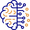 Illustration of a stylized brain, with the left half displaying a series of curls and the right half resembling circuit lines, symbolizing the fusion of human thought and AI implementation.