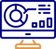 Illustration of a computer monitor displaying data visualizations, featuring predictive analytics in the form of a pie chart and bar chart, with lines and segments in blue and orange colors.