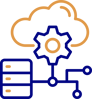 Illustration of a cloud with a gear inside, connected to a server and circuit lines, symbolizing scalable app solutions and cloud computing in custom application development.