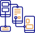 Stylized icons depict a network connection: a server linked to two smartphones, illustrating scalable app solutions. The server and phones feature bold outlines; the first phone shows a blank screen, while the second displays a geometric pattern. All are in blue and orange.