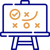 An icon of a presentation easel displaying a strategy plan with a path, arrows, circles, and crosses in orange on a blue background, symbolizing custom application development.