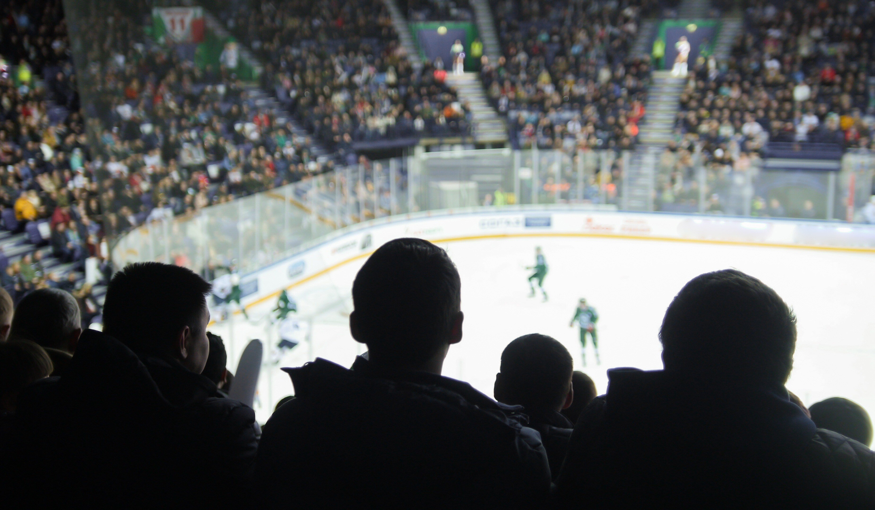 Silhouettes of spectators watching an ice hockey game in a crowded arena are captured in an innovative mobile application. The rink is brightly lit, with players in green uniforms on the ice. Rows of enthusiastic fans create a lively atmosphere in the background.