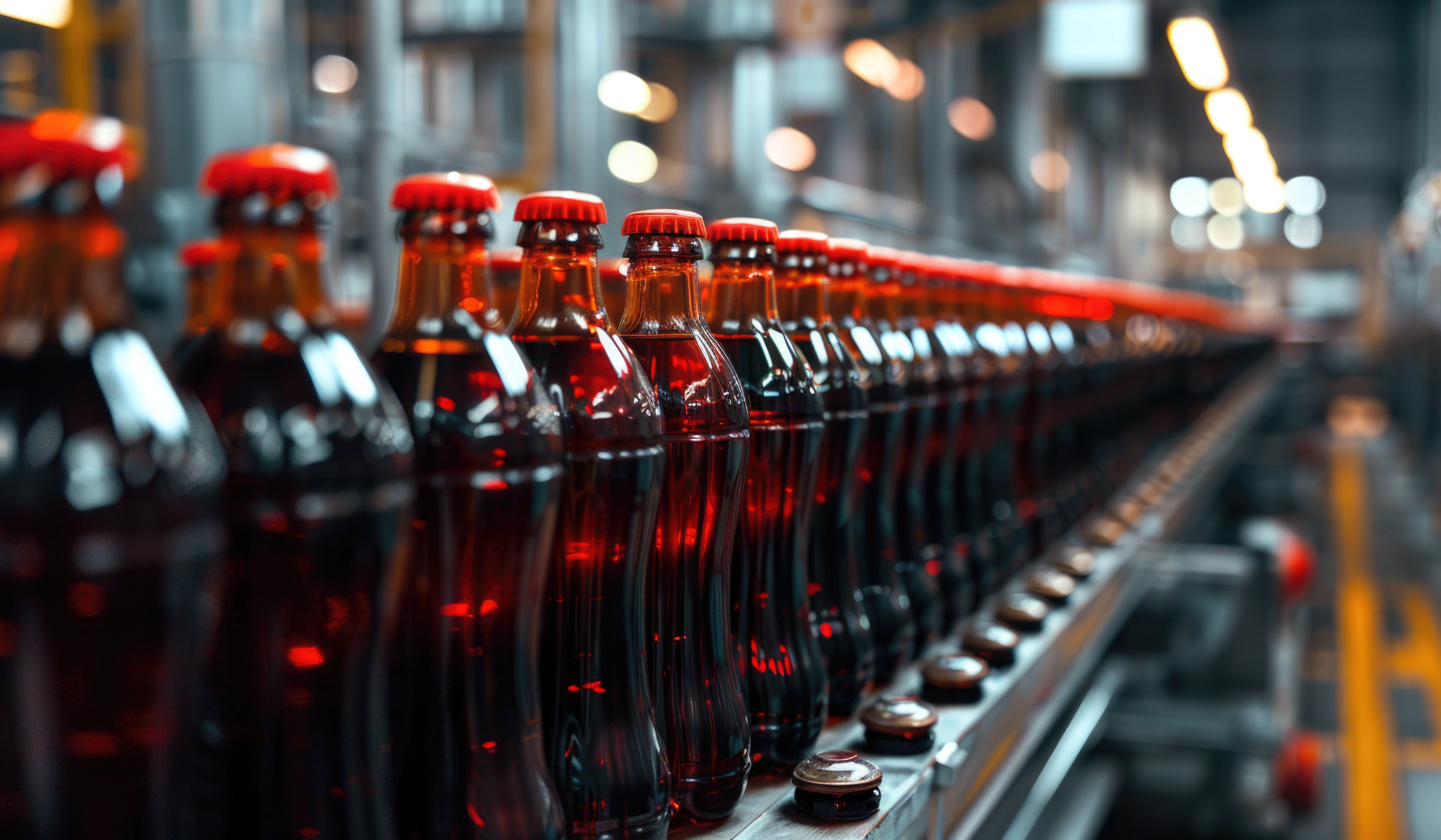 A row of Coca Cola bottles glide along an assembly line, showcasing a seamless product development strategy in the factory. The blurred background highlights industrial machinery and dim lighting, emphasizing efficiency and innovation.