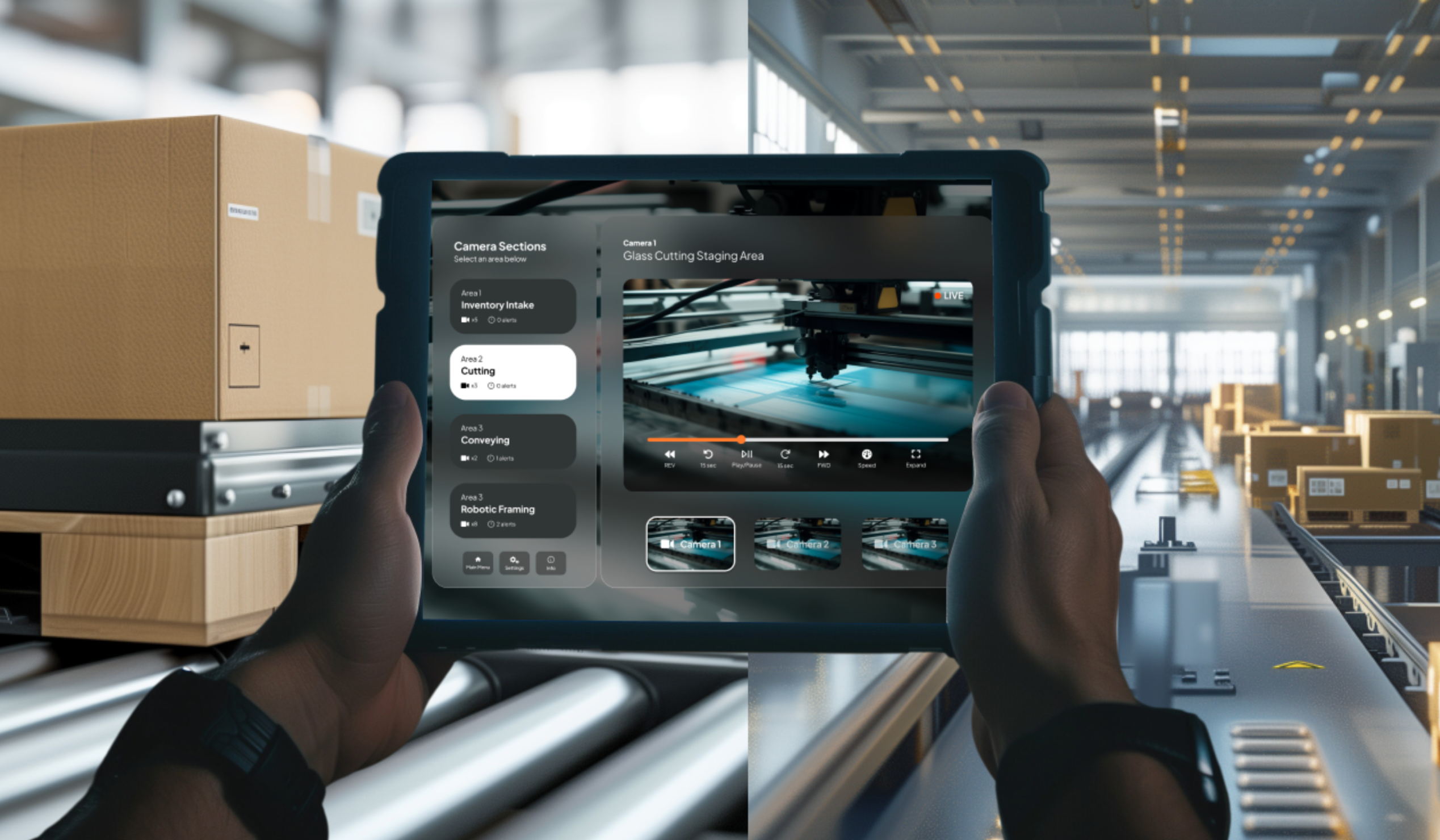 A person holds a tablet displaying controls for a factory camera system, showcasing footage of a cutting area. In the background, a conveyor belt with cardboard boxes is visible in the large, well-lit warehouse. This setup serves as an excellent real-world example for software case studies.